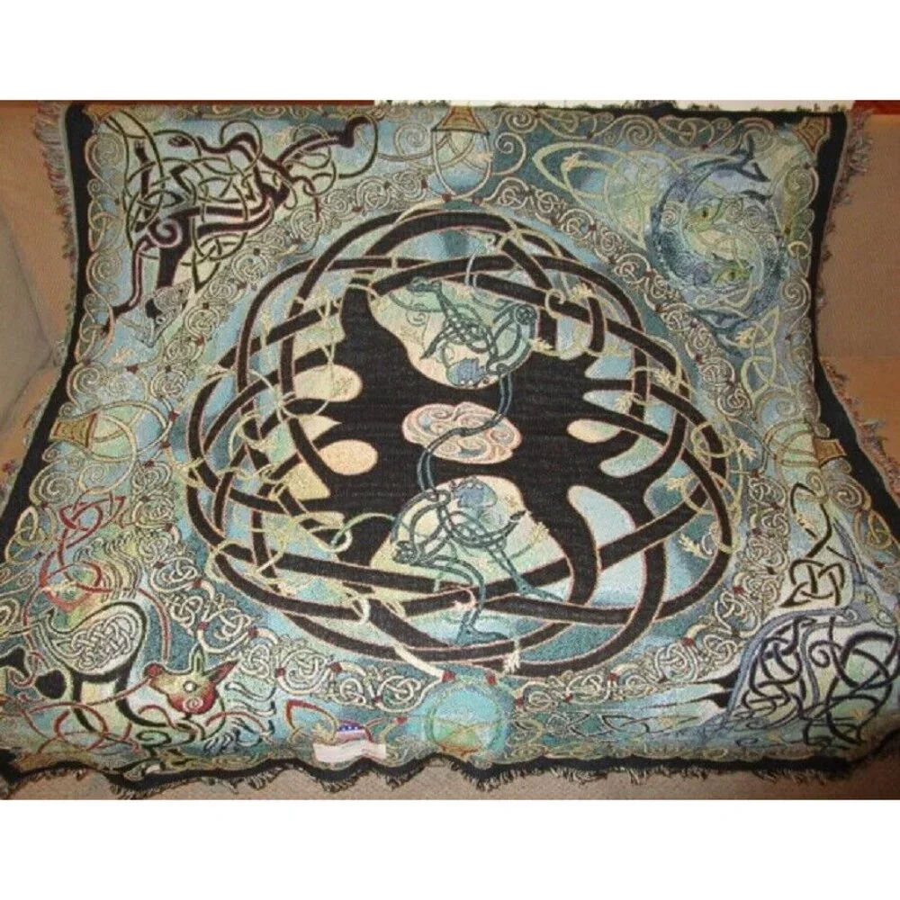 Celtic Tree of Life Woven Throw Blanket - Teal Black